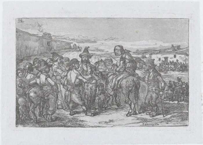 Framed Print : Plate 14: a large group of people outdoors, possibly a troupe of actors Framed Print : Plate 14: a large group of people outdoors, possibly a troupe of actors