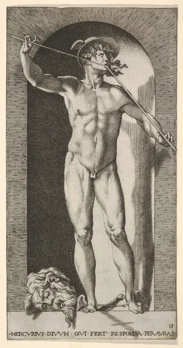 Framed Print : Plate 14: Mercury standing in a niche playing his pipes Framed Print : Plate 14: Mercury standing in a niche playing his pipes