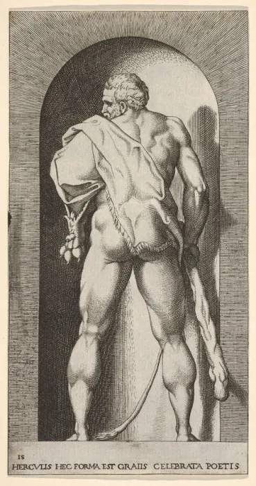 Framed Print : Plate 15: Hercules standing in a niche, wearing a lion skin and holding a club Framed Print : Plate 15: Hercules standing in a niche, wearing a lion skin and holding a club