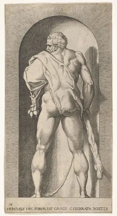 Framed Print : Plate 15: Hercules standing in a niche, wearing a lion skin and holding a club Framed Print : Plate 15: Hercules standing in a niche, wearing a lion skin and holding a club