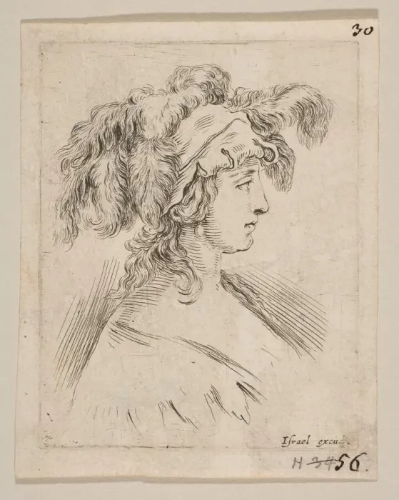 Framed Print : Plate 15: mid-bust of a young woman in profile wearing a hat topped with feathers, fro Framed Print : Plate 15: mid-bust of a young woman in profile wearing a hat topped with feathers, fro