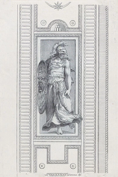 Plate 15: mythological figure wearing a helmet and holding a shield, 1756