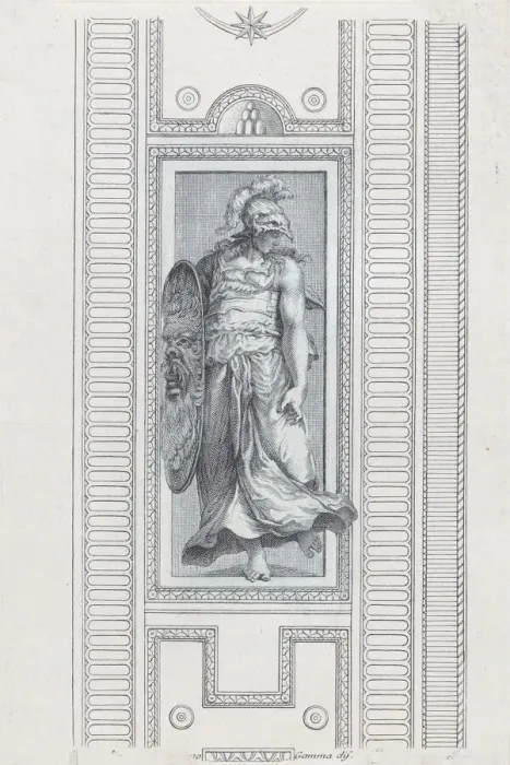 Framed Print : Plate 15: mythological figure wearing a helmet and holding a shield, 1756 Framed Print : Plate 15: mythological figure wearing a helmet and holding a shield, 1756