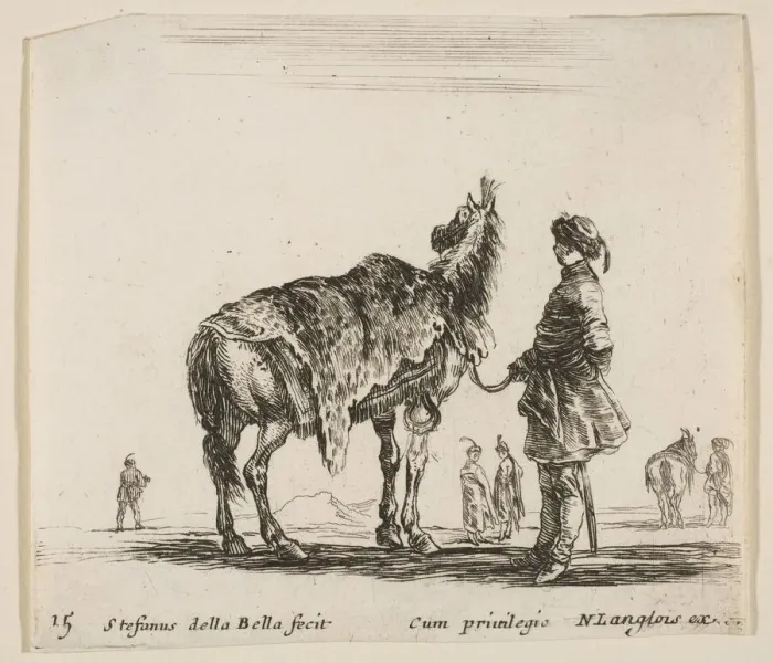 Framed Print : Plate 15: a Polish nobleman, facing away, holding his horse covered in leopard skin Framed Print : Plate 15: a Polish nobleman, facing away, holding his horse covered in leopard skin