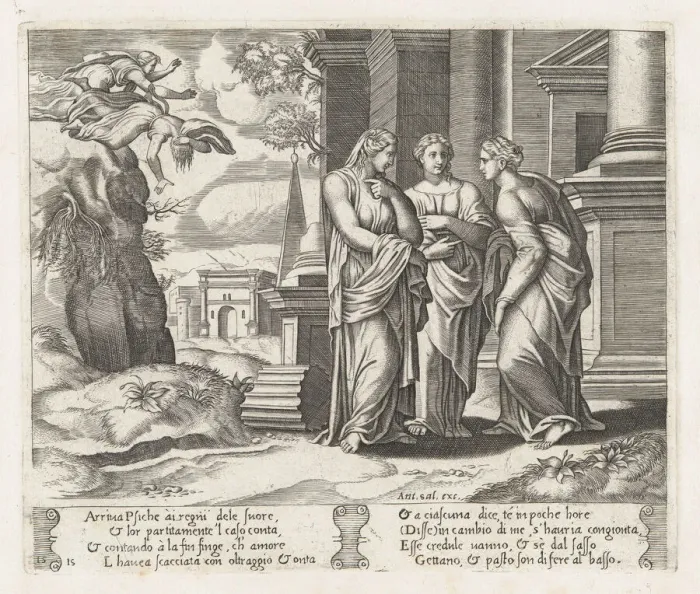 Framed Print : Plate 15: Psyche telling her sisters about her misfortunes, with her sisters falling of... 1530-60. Creator: Master of the Die Framed Print : Plate 15: Psyche telling her sisters about her misfortunes, with her sisters falling of... 1530-60. Creator: Master of the Die
