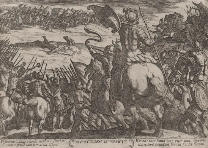 Framed Print : Plate 16: David Killing Goliath, from The Battles of the Old Testament, ca... ca