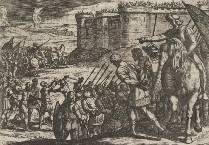 Framed Print : Plate 16: Roman Captives Before the Old Fortress, from The War of the Romans Against Framed Print : Plate 16: Roman Captives Before the Old Fortress, from The War of the Romans Against