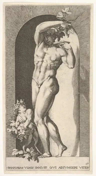 Framed Print : Plate 17: Bacchus standing in a niche, holding grapes over a plate Framed Print : Plate 17: Bacchus standing in a niche, holding grapes over a plate