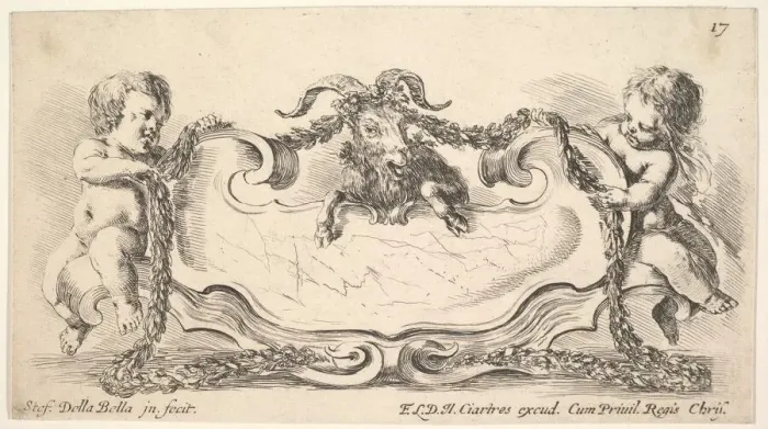 Framed Print : Plate 17: a cartouche with a marble center, an infant on either side holding a garland Framed Print : Plate 17: a cartouche with a marble center, an infant on either side holding a garland