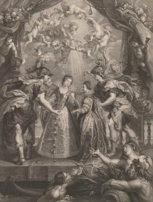 Framed Print : Plate 17: The exchange of the two princesses in Hendaye; allegorical scene with Anne of Framed Print : Plate 17: The exchange of the two princesses in Hendaye; allegorical scene with Anne of