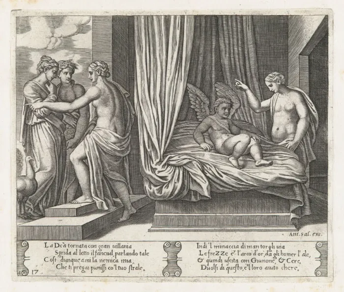 Framed Print : Plate 17: Venus chastising Cupid, who sits on a bed, with Psyche at right, from the Sto... 1530-60. Creator: Master of the Die Framed Print : Plate 17: Venus chastising Cupid, who sits on a bed, with Psyche at right, from the Sto... 1530-60. Creator: Master of the Die
