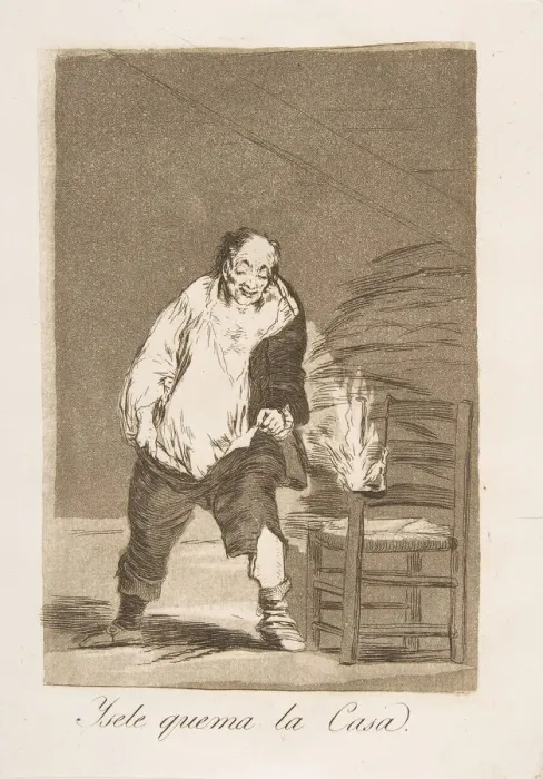 Framed Print : Plate 18 from Los Caprichos : And his house is on fire (Ysele quema la Casa. ), 1799 Framed Print : Plate 18 from Los Caprichos : And his house is on fire (Ysele quema la Casa. ), 1799
