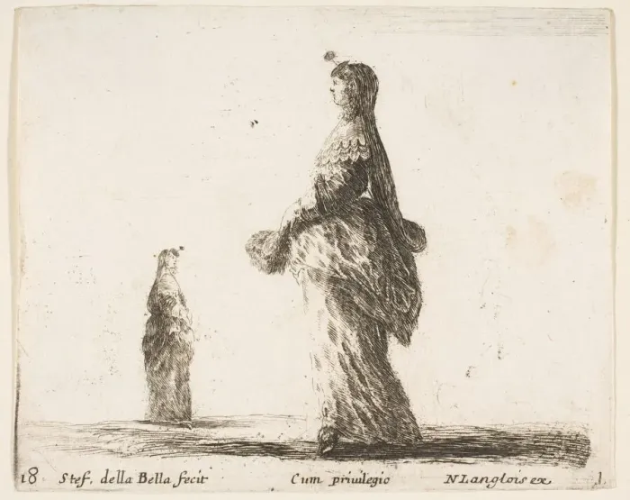 Framed Print : Plate 18: a noblewoman walking towards the left with a feathered fan, another woman Framed Print : Plate 18: a noblewoman walking towards the left with a feathered fan, another woman