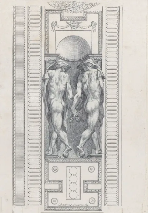 Framed Print : Plate 18: two nude figures wearing veils, seen from behind, 1756 Framed Print : Plate 18: two nude figures wearing veils, seen from behind, 1756