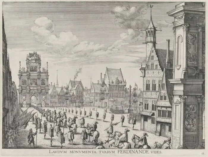 Framed Print : Plate 18: Procession of the Spanish Prince Ferdinand into the city of Ghent, January 28, 1... 1636. Creators: Johannes Meursius, Willem van der Beke Framed Print : Plate 18: Procession of the Spanish Prince Ferdinand into the city of Ghent, January 28, 1... 1636. Creators: Johannes Meursius, Willem van der Beke