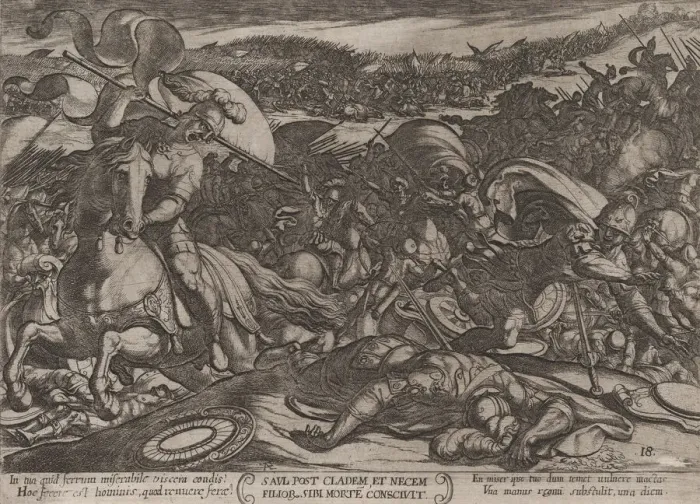 Framed Print : Plate 18: Sauls Suicide after His Defeat by the Philistines, from The Battl... ca Framed Print : Plate 18: Sauls Suicide after His Defeat by the Philistines, from The Battl... ca