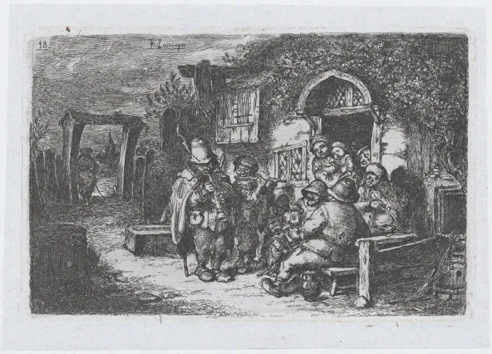Framed Print : Plate 18: street musicians and other figures outisde a tavern Framed Print : Plate 18: street musicians and other figures outisde a tavern