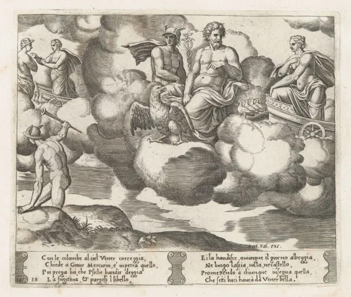 Framed Print : Plate 18: Venus in her dove-drawn chariot complaining to Jupiter, who is accompanied by... 1530-60. Creator: Master of the Die Framed Print : Plate 18: Venus in her dove-drawn chariot complaining to Jupiter, who is accompanied by... 1530-60. Creator: Master of the Die
