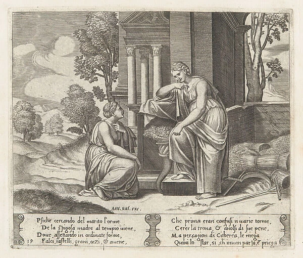 Plate 19: Ceres at right, leaning on a pedestal, refusing to assist Psyche, from the St... 1530-60. Creator: Master of the Die
