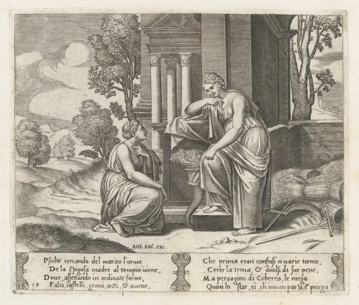 Framed Print : Plate 19: Ceres at right, leaning on a pedestal, refusing to assist Psyche, from the St... 1530-60. Creator: Master of the Die Framed Print : Plate 19: Ceres at right, leaning on a pedestal, refusing to assist Psyche, from the St... 1530-60. Creator: Master of the Die