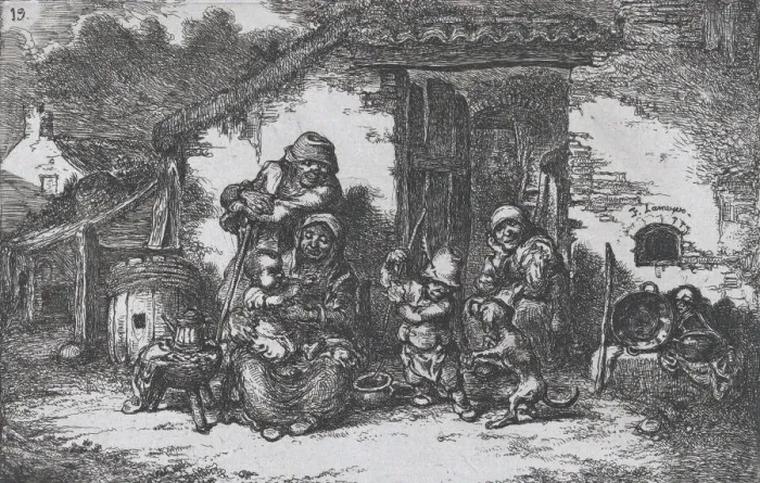 Framed Print : Plate 19: a family and a boy playing with a dog outside a house Framed Print : Plate 19: a family and a boy playing with a dog outside a house
