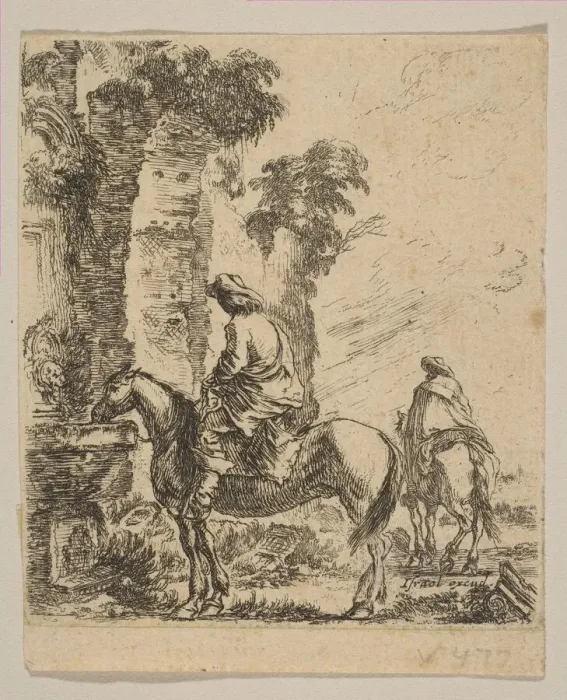 Framed Print : Plate 19: Landscape with a Cavalier Watering His Horse at a Fountain, from Various fi Framed Print : Plate 19: Landscape with a Cavalier Watering His Horse at a Fountain, from Various fi