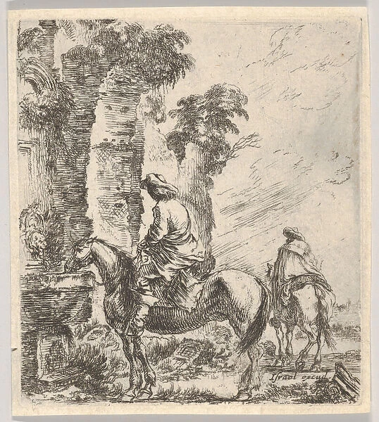Plate 19: a rider making his horse drink from a basin of a fountain at left, another h