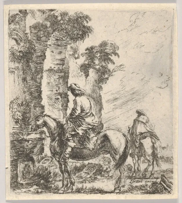 Framed Print : Plate 19: a rider making his horse drink from a basin of a fountain at left, another h Framed Print : Plate 19: a rider making his horse drink from a basin of a fountain at left, another h