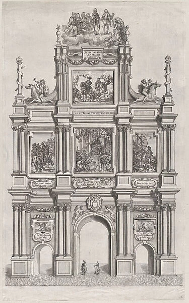 Plate 19: Triumphal arch, elevation of the front, surmounted by a cloud bearing Ferdinand... 1636. Creators: Johannes Meursius, Willem van der Beke