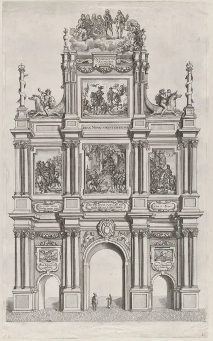 Framed Print : Plate 19: Triumphal arch, elevation of the front, surmounted by a cloud bearing Ferdinand... 1636. Creators: Johannes Meursius, Willem van der Beke Framed Print : Plate 19: Triumphal arch, elevation of the front, surmounted by a cloud bearing Ferdinand... 1636. Creators: Johannes Meursius, Willem van der Beke