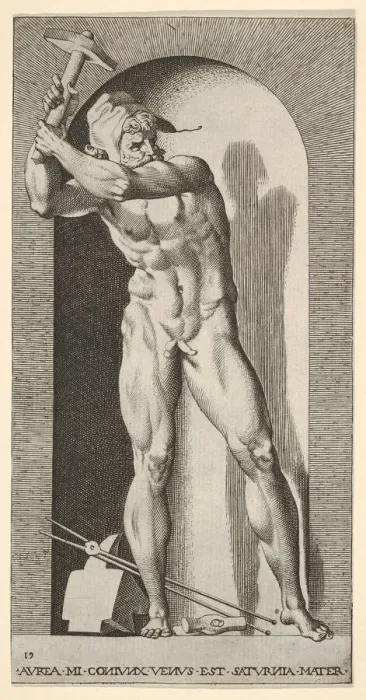 Framed Print : Plate 19: Vulcan standing in a niche swinging a hammer, with an anvil, hammer Framed Print : Plate 19: Vulcan standing in a niche swinging a hammer, with an anvil, hammer