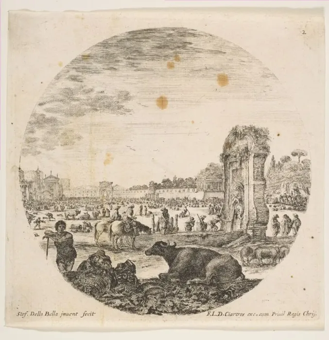 Framed Print : Plate 2: Campo Vaccino, a buffalo and two shepherds in center, the Fontanone to right Framed Print : Plate 2: Campo Vaccino, a buffalo and two shepherds in center, the Fontanone to right