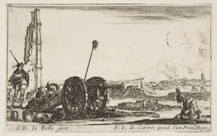 Framed Print : Plate 2: A cannon to the left, a town in the background, from Various Military Capric Framed Print : Plate 2: A cannon to the left, a town in the background, from Various Military Capric