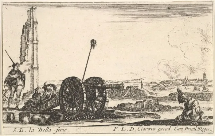 Framed Print : Plate 2: A cannon to the left, a town in the background, from Various Military Capric Framed Print : Plate 2: A cannon to the left, a town in the background, from Various Military Capric