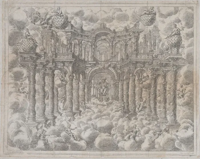 Framed Print : Plate 2 [counterproof]: Stage set with allegorical figures seated among the clouds
