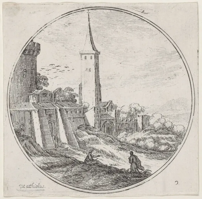 Framed Print : Plate 2: two figures outside of the walls of a town, a tower at center, 1680-1747. Creator: Lodovico Mattioli Framed Print : Plate 2: two figures outside of the walls of a town, a tower at center, 1680-1747. Creator: Lodovico Mattioli