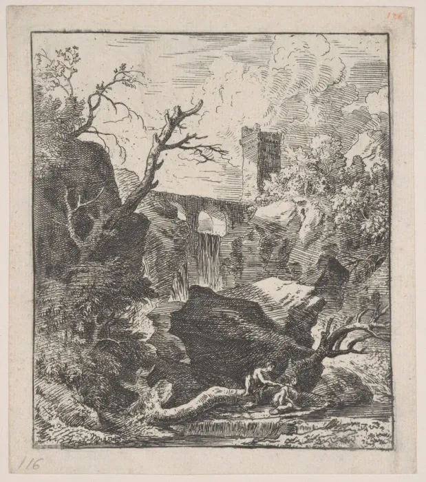 Framed Print : Plate 2: two figures sitting on a tree trunk on the bank of a stream in foreground