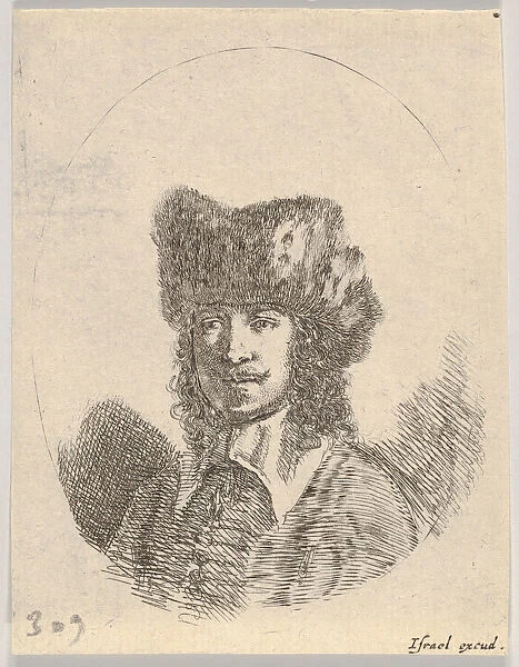 Plate 2: head of a man with a moustache and fur cap facing left, an oval composition