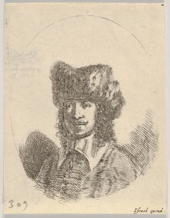 Framed Print : Plate 2: head of a man with a moustache and fur cap facing left, an oval composition Framed Print : Plate 2: head of a man with a moustache and fur cap facing left, an oval composition