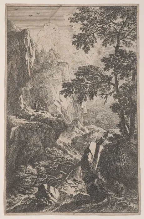 Framed Print : Plate 2: a hunter aiming with his gun, kneeling next to a large rock at right, a ma Framed Print : Plate 2: a hunter aiming with his gun, kneeling next to a large rock at right, a ma