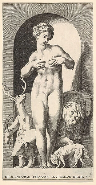 Plate 2: Ops standing in a niche with her hands at her breasts, looking to her left