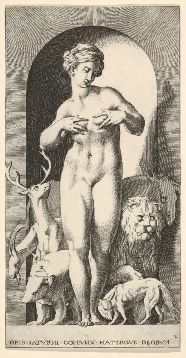 Framed Print : Plate 2: Ops standing in a niche with her hands at her breasts, looking to her left
