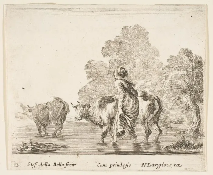 Framed Print : Plate 2: a peasant woman herds two cows across a stream, walking towards the left... ca Framed Print : Plate 2: a peasant woman herds two cows across a stream, walking towards the left... ca