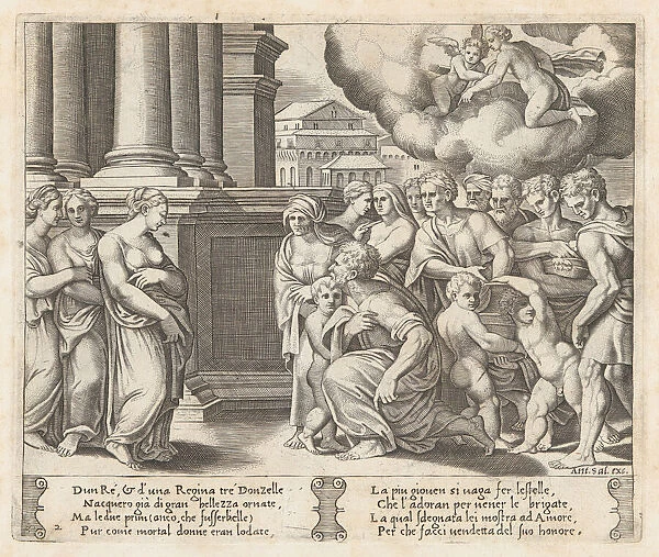 Plate 2: People rendering divine honors to Psyche, from the Story of Cupid and Psyche a... 1530-60. Creator: Master of the Die