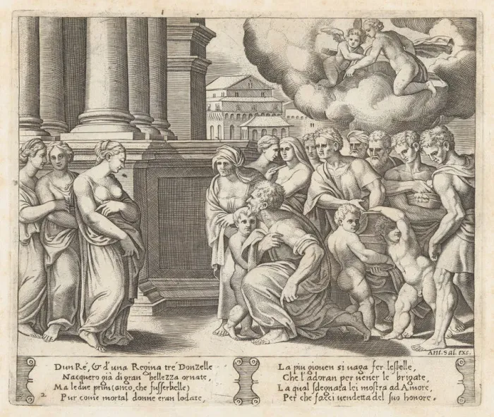Framed Print : Plate 2: People rendering divine honors to Psyche, from the Story of Cupid and Psyche a... 1530-60. Creator: Master of the Die Framed Print : Plate 2: People rendering divine honors to Psyche, from the Story of Cupid and Psyche a... 1530-60. Creator: Master of the Die