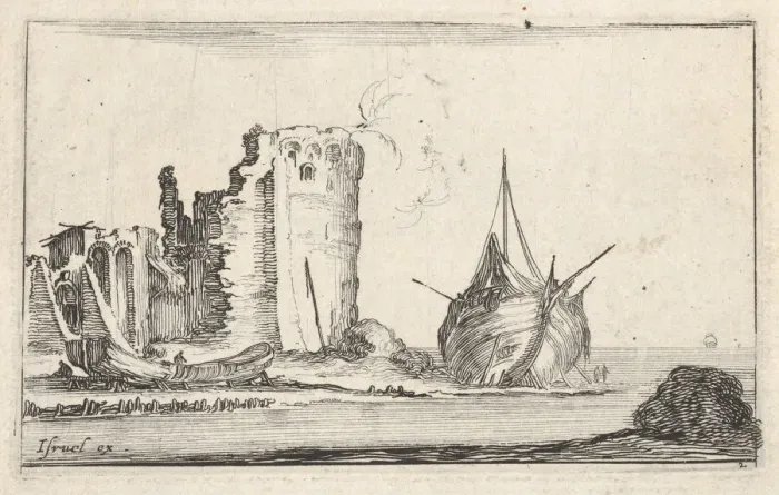 Framed Print : Plate 2: a ship at right and a rowboat at left, washed up on shore, a tower in ruins b Framed Print : Plate 2: a ship at right and a rowboat at left, washed up on shore, a tower in ruins b