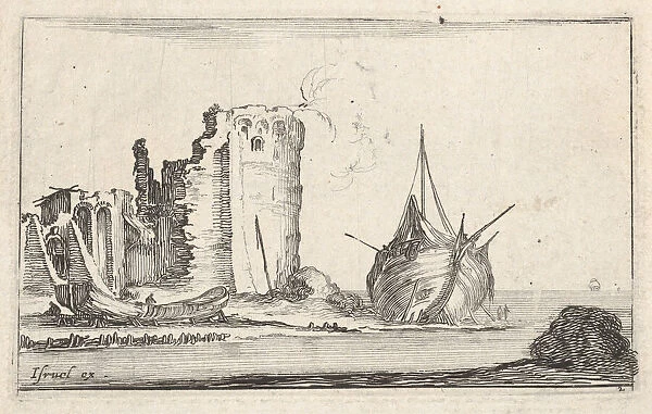 Plate 2: a ship at right and a rowboat at left, washed up on shore, a tower in ruins b