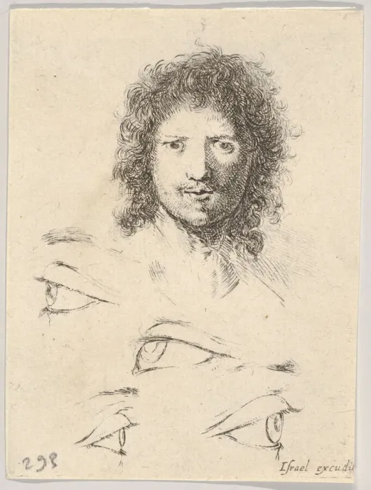 Framed Print : Plate 2: at top, the head of a young man, frontal view, at bottom, four eyes, from Th Framed Print : Plate 2: at top, the head of a young man, frontal view, at bottom, four eyes, from Th