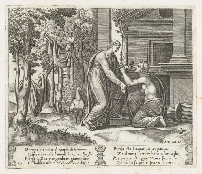 Framed Print : Plate 20: Juno, standing at left, sends away Psyche, who kneels before her, from the St... 1530-60. Creator: Master of the Die Framed Print : Plate 20: Juno, standing at left, sends away Psyche, who kneels before her, from the St... 1530-60. Creator: Master of the Die