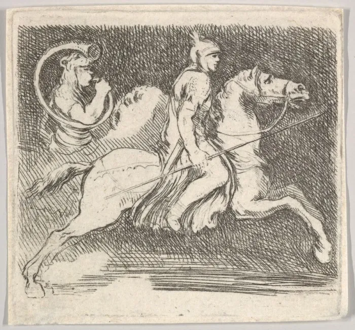 Framed Print : Plate 20: a soldier in profile galloping to the right holding a lance in his right han Framed Print : Plate 20: a soldier in profile galloping to the right holding a lance in his right han